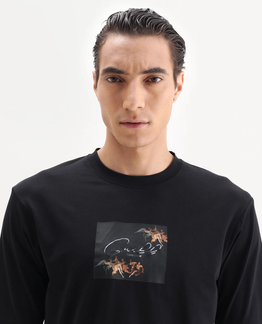 Rare Rabbit Men's Rom Black Cotton Blend Fabric Half Sleeve Crew Neck Oversized Fit Graphic Print T-Shirt