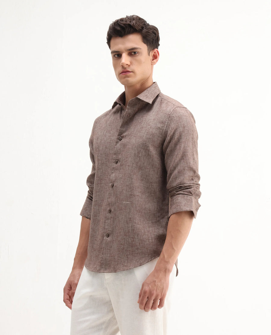 Rare Rabbit Men's Rome-Fs Dusky Brown Polyester Blend Plain Regular Fit Full Sleeve Collared Shirt