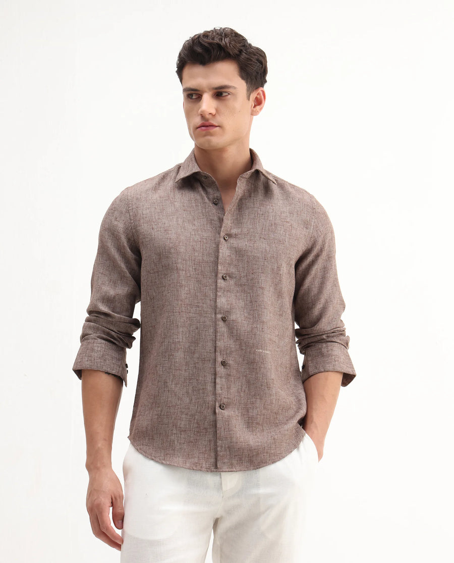 Rare Rabbit Men's Rome-Fs Dusky Brown Polyester Blend Plain Regular Fit Full Sleeve Collared Shirt