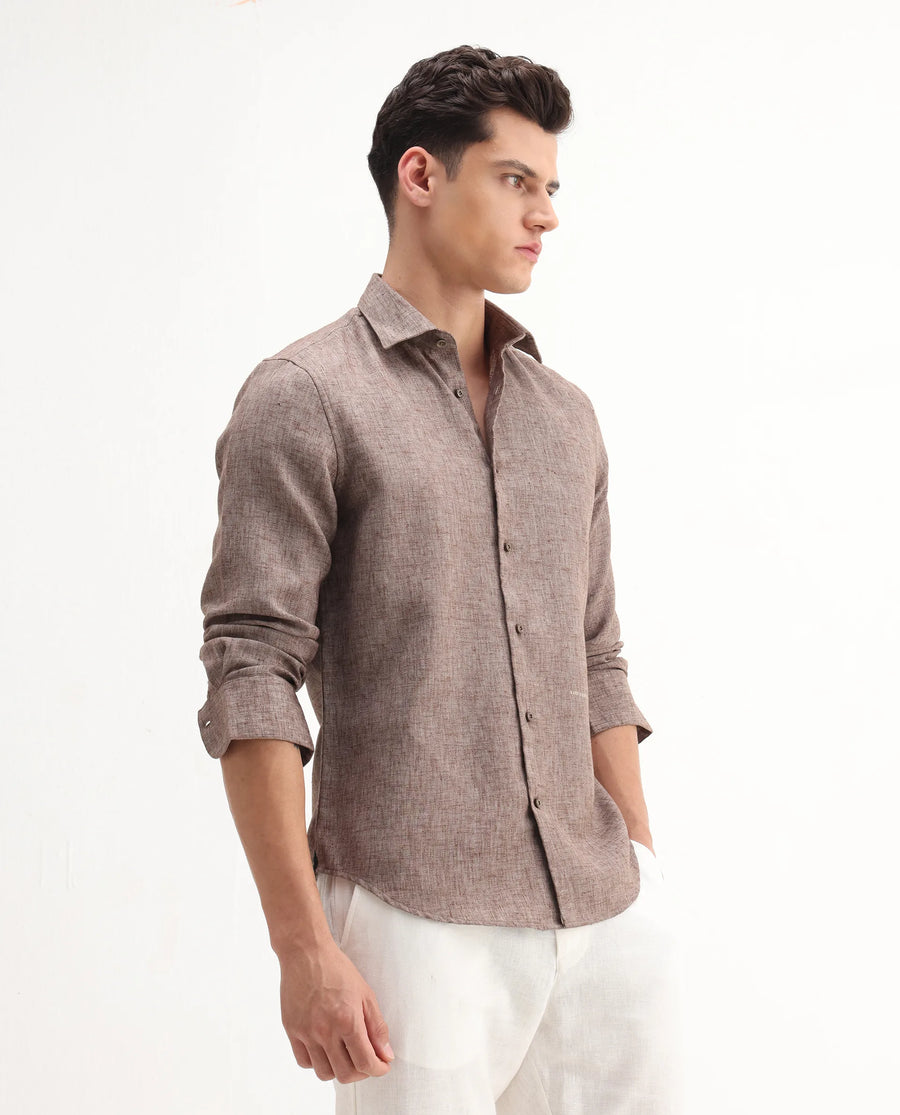 Rare Rabbit Men's Rome-Fs Dusky Brown Polyester Blend Plain Regular Fit Full Sleeve Collared Shirt