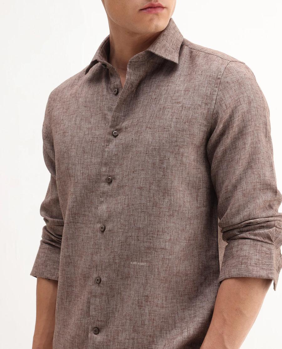Rare Rabbit Men's Rome-Fs Dusky Brown Polyester Blend Plain Regular Fit Full Sleeve Collared Shirt