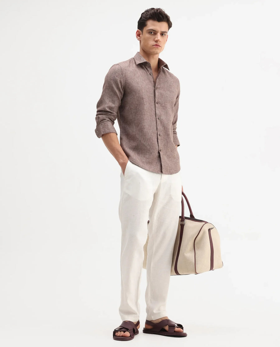 Rare Rabbit Men's Rome-Fs Dusky Brown Polyester Blend Plain Regular Fit Full Sleeve Collared Shirt