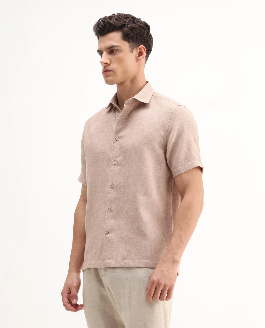 Rare Rabbit Men's Rome-Ss Dusky Rust Polyester Plain Regular Fit Half Sleeve Collared Shirt