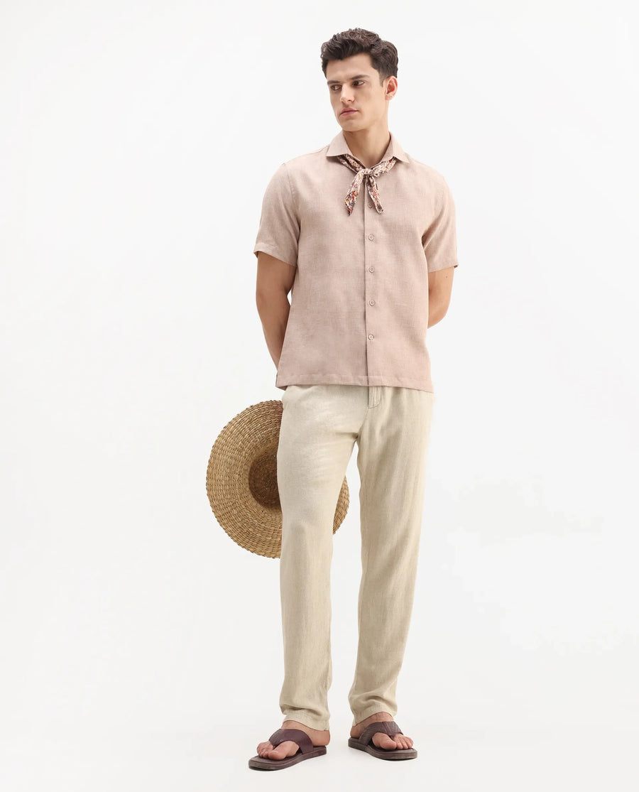 Rare Rabbit Men's Rome-Ss Dusky Rust Polyester Plain Regular Fit Half Sleeve Collared Shirt
