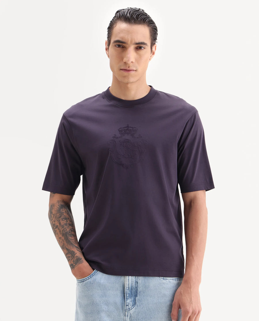 Rare Rabbit Men's Rora Dark Purple Cotton Fabric Half Sleeve Crew Neck Regular Fit Graphic Print T-Shirt