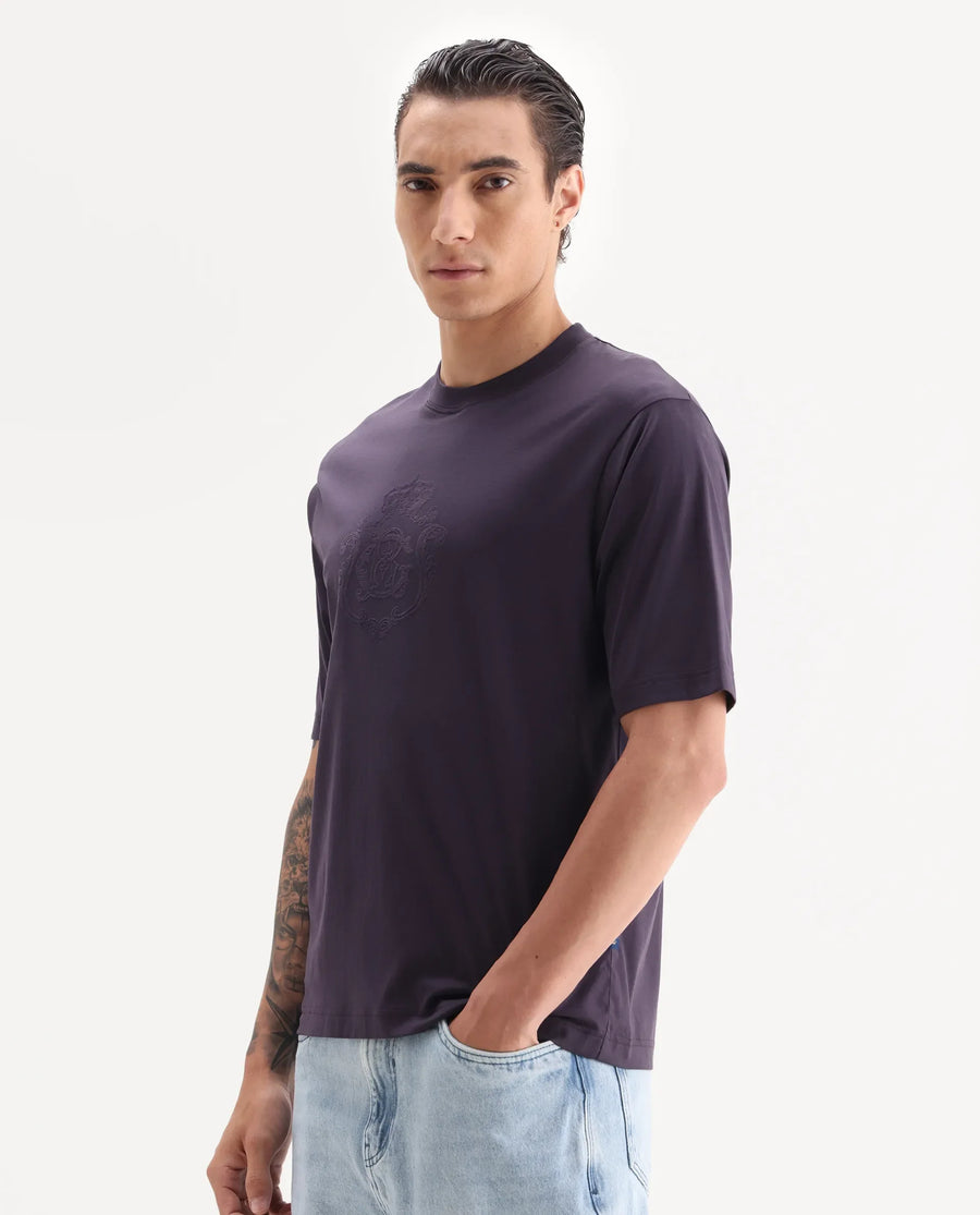 Rare Rabbit Men's Rora Dark Purple Cotton Fabric Half Sleeve Crew Neck Regular Fit Graphic Print T-Shirt