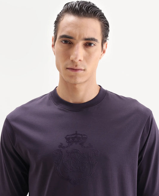 Rare Rabbit Men's Rora Dark Purple Cotton Fabric Half Sleeve Crew Neck Regular Fit Graphic Print T-Shirt