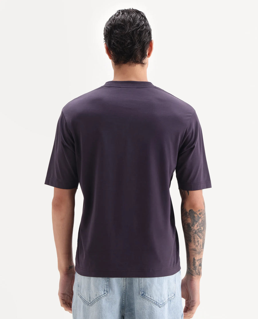 Rare Rabbit Men's Rora Dark Purple Cotton Fabric Half Sleeve Crew Neck Regular Fit Graphic Print T-Shirt
