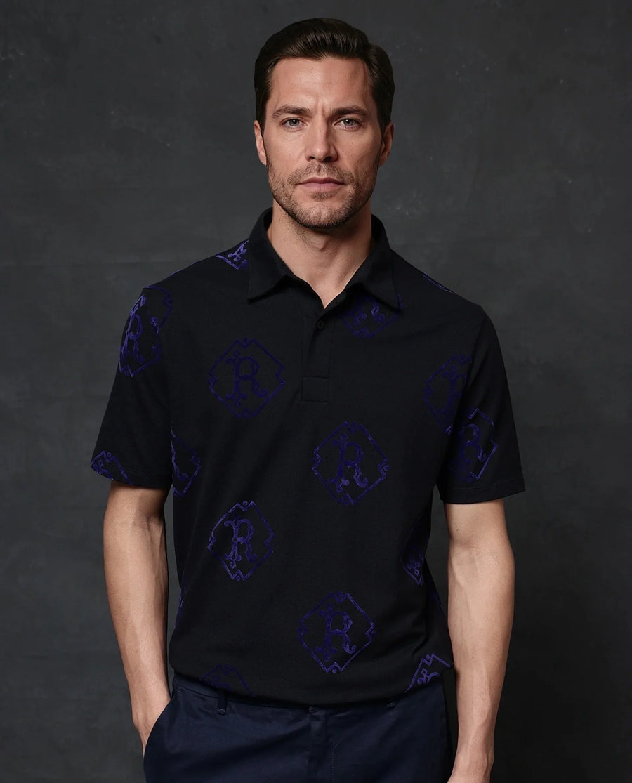 Rare Rabbit Men's Roson Black Cotton Monogram Print Regular Fit Half Sleeve Polo