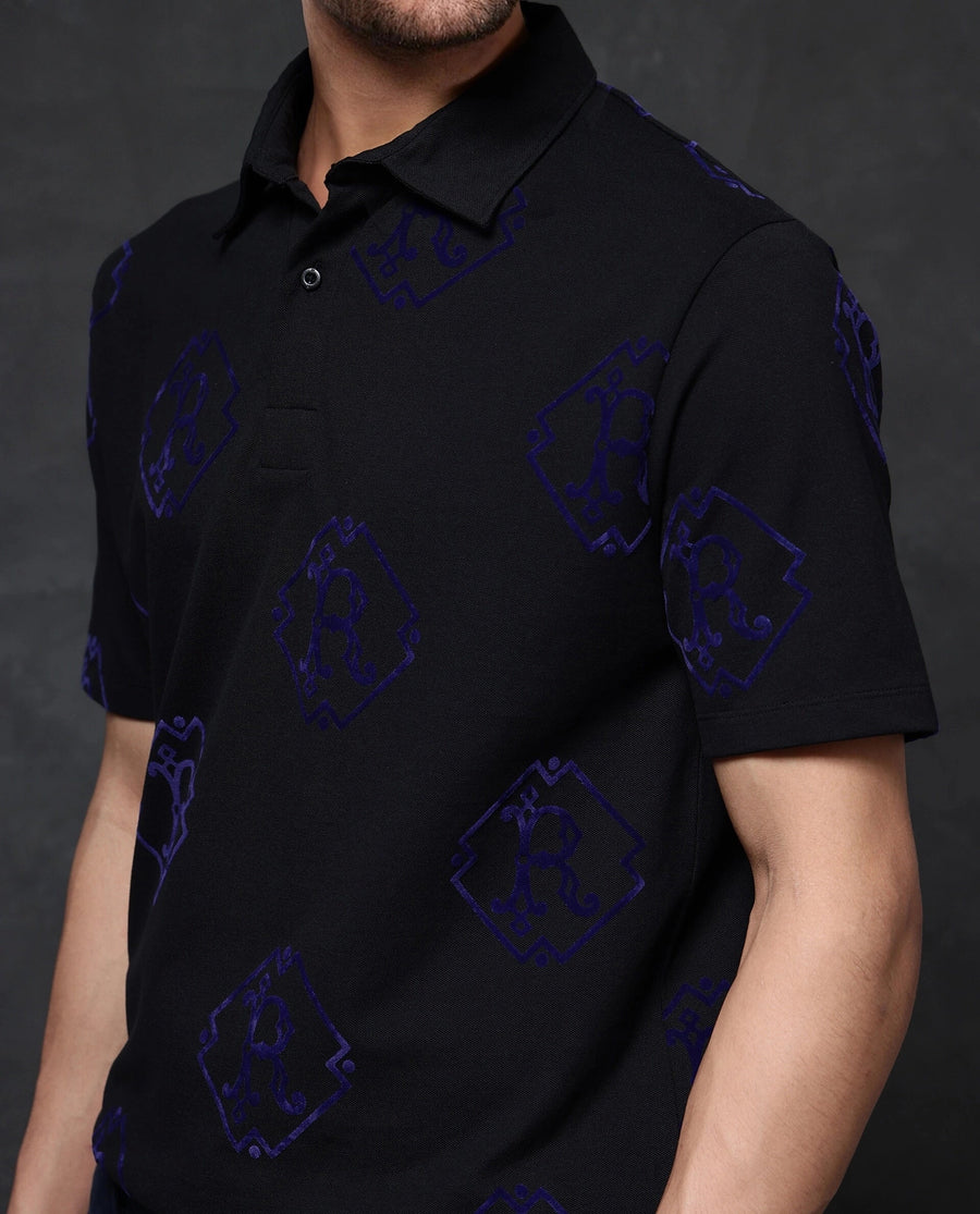 Rare Rabbit Men's Roson Black Cotton Monogram Print Regular Fit Half Sleeve Polo