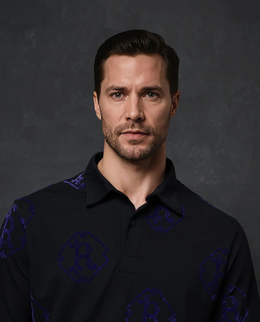 Rare Rabbit Men's Roson Black Cotton Monogram Print Regular Fit Half Sleeve Polo