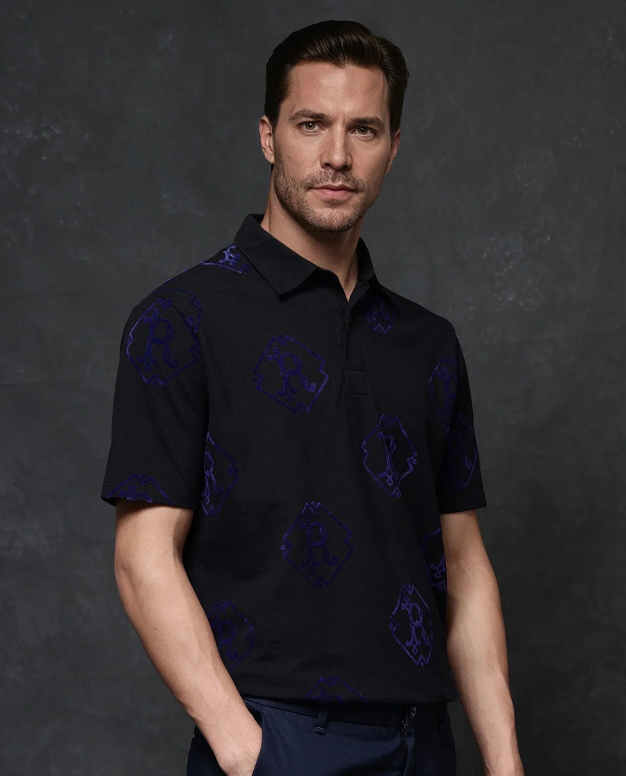 Rare Rabbit Men's Roson Black Cotton Monogram Print Regular Fit Half Sleeve Polo