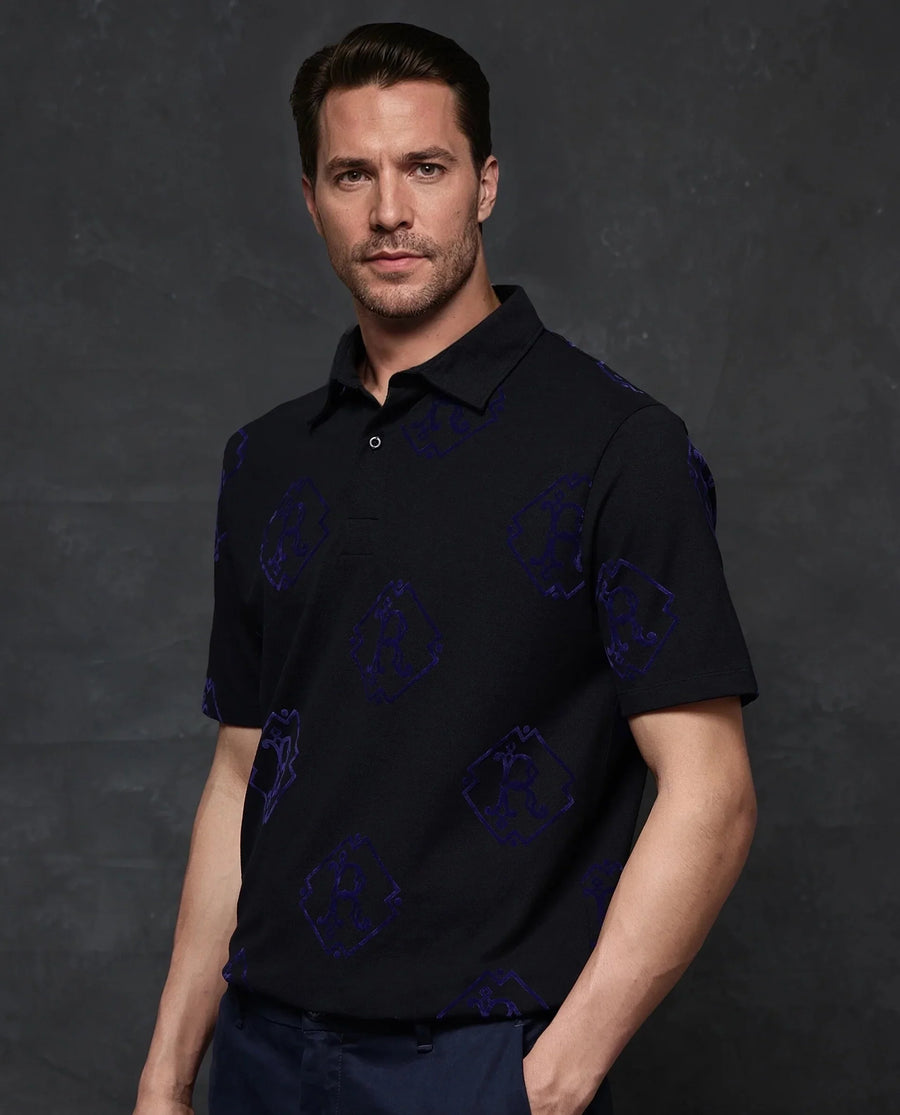 Rare Rabbit Men's Roson Black Cotton Monogram Print Regular Fit Half Sleeve Polo