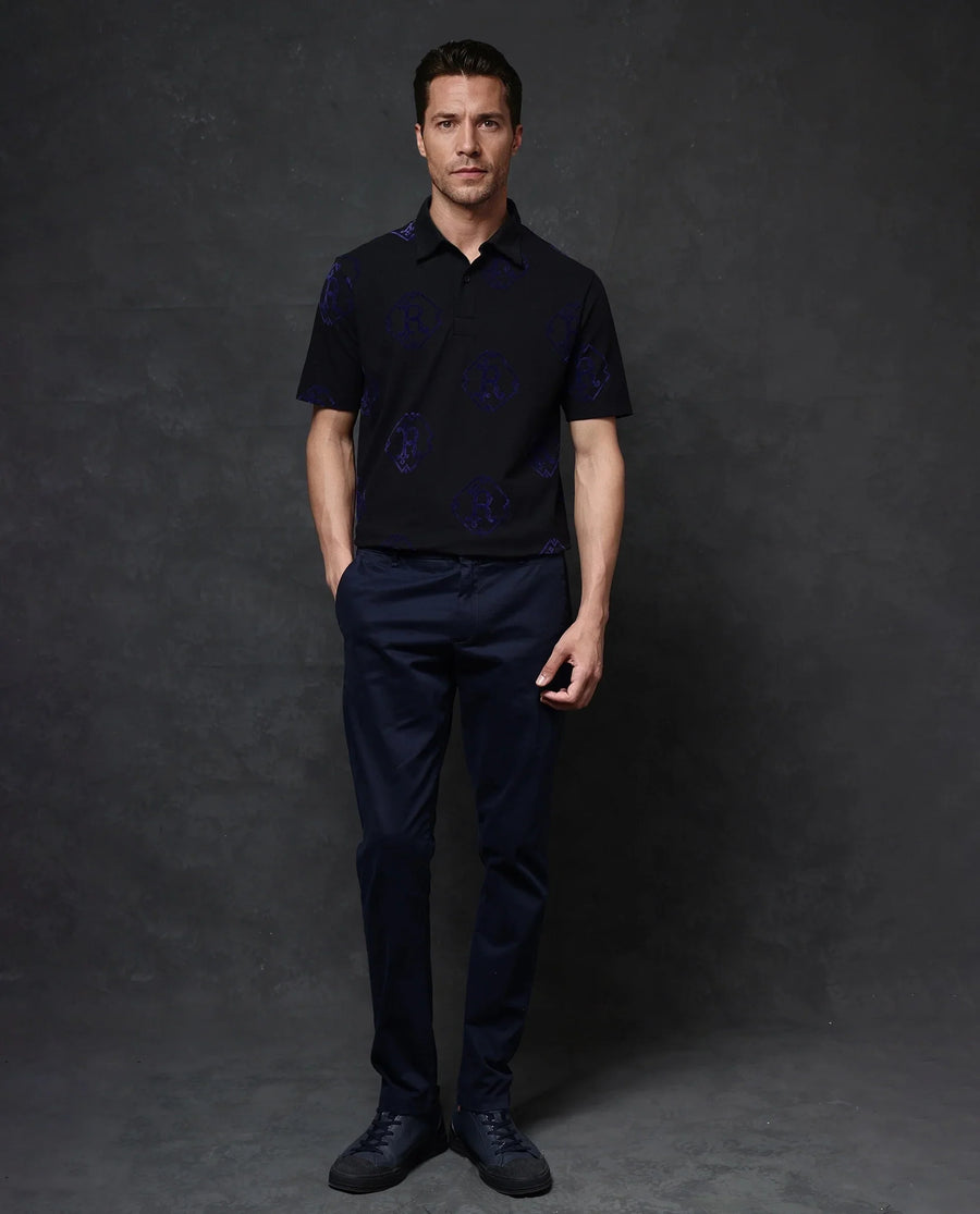 Rare Rabbit Men's Roson Black Cotton Monogram Print Regular Fit Half Sleeve Polo
