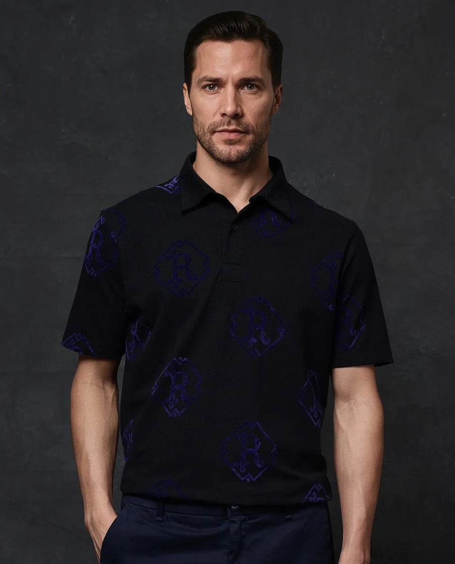 Rare Rabbit Men's Roson Black Cotton Monogram Print Regular Fit Half Sleeve Polo