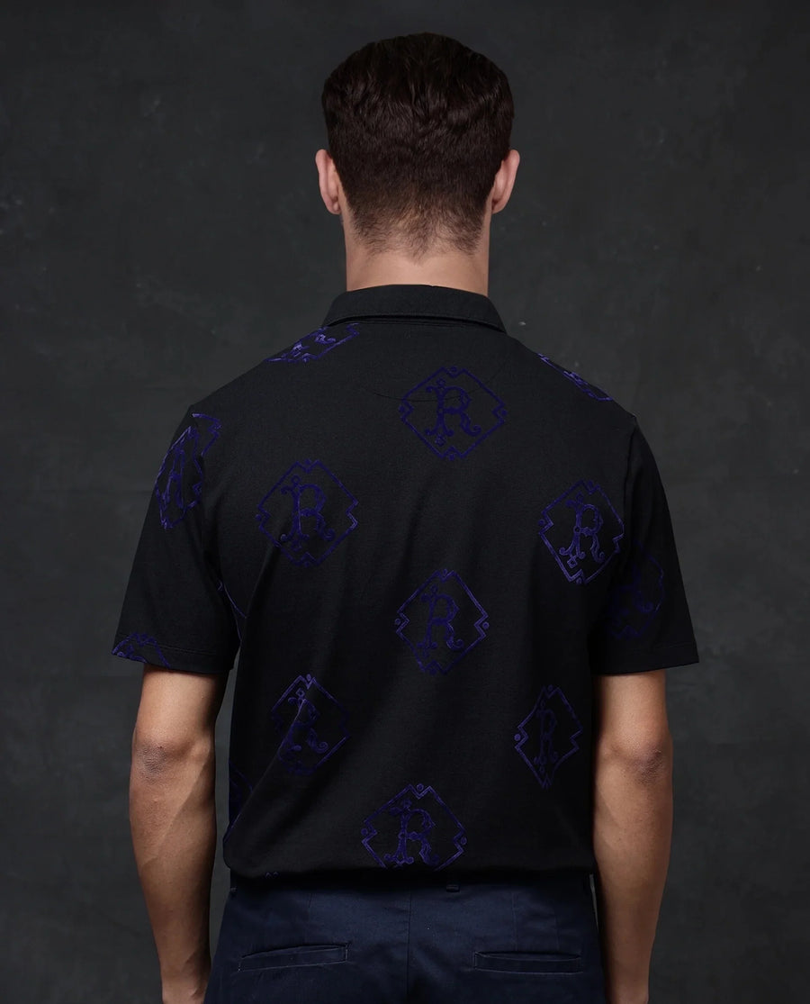 Rare Rabbit Men's Roson Black Cotton Monogram Print Regular Fit Half Sleeve Polo