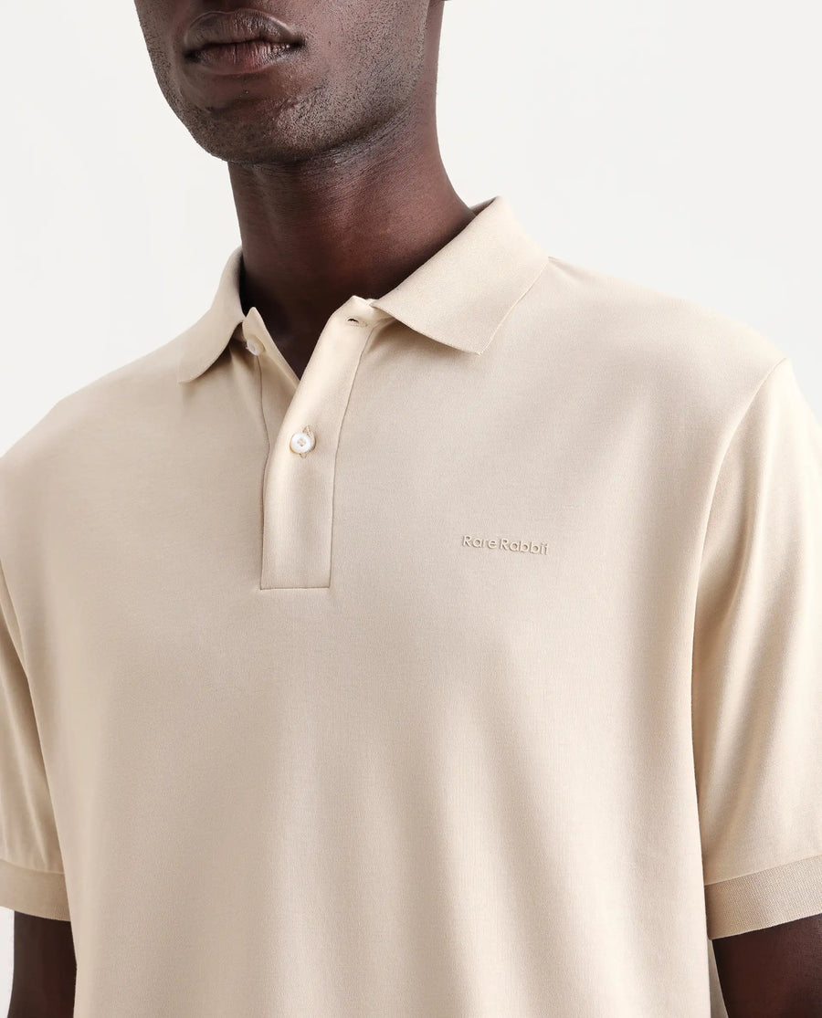 Rare Rabbit Men's Row-25 Beige Cotton Plain Regular Fit Half Sleeve Polo