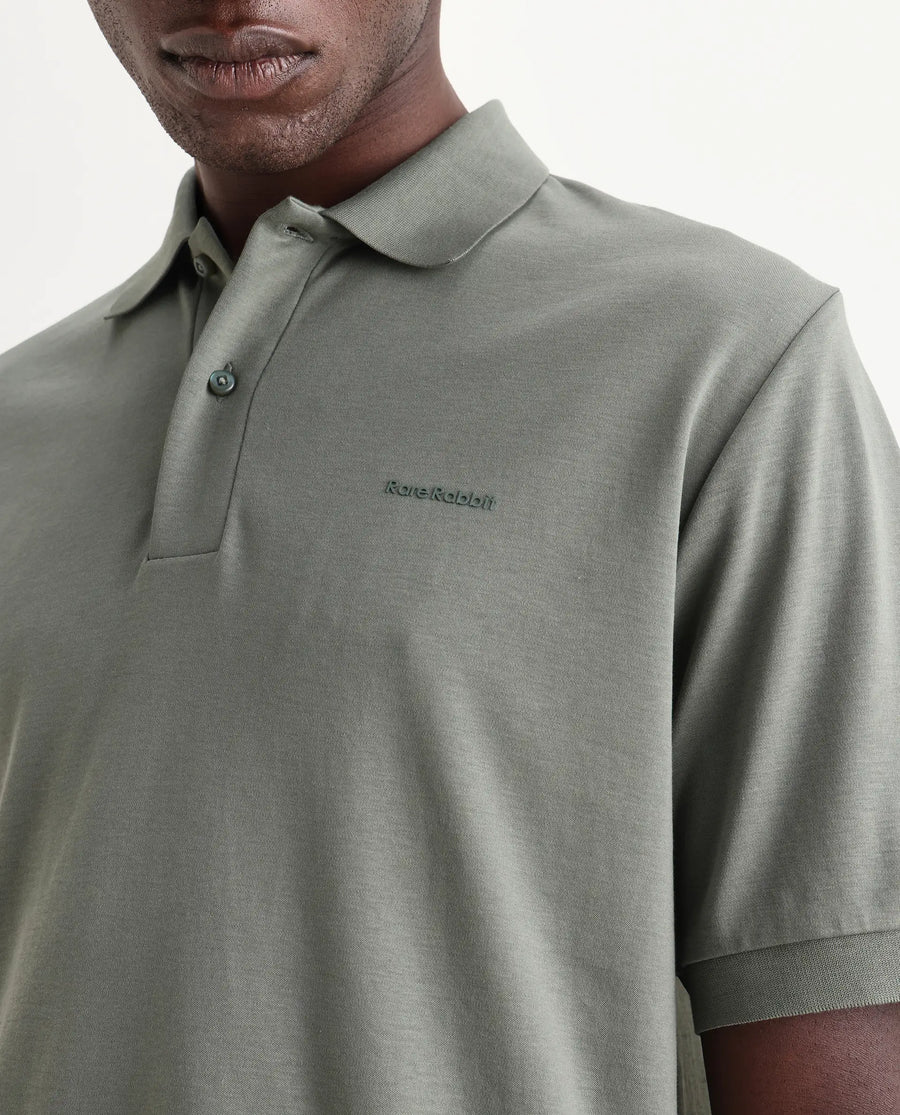 Rare Rabbit Men's Row-25 Dusky Green Cotton Plain Regular Fit Half Sleeve Polo