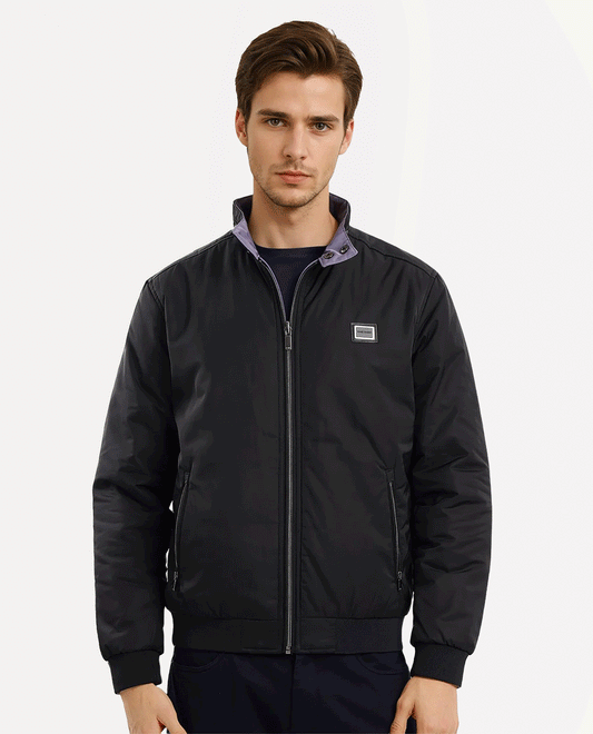 Rare Rabbit Men's Royban-2 Black Polyester Plain Regular Fit Full Sleeve High Neck Jacket