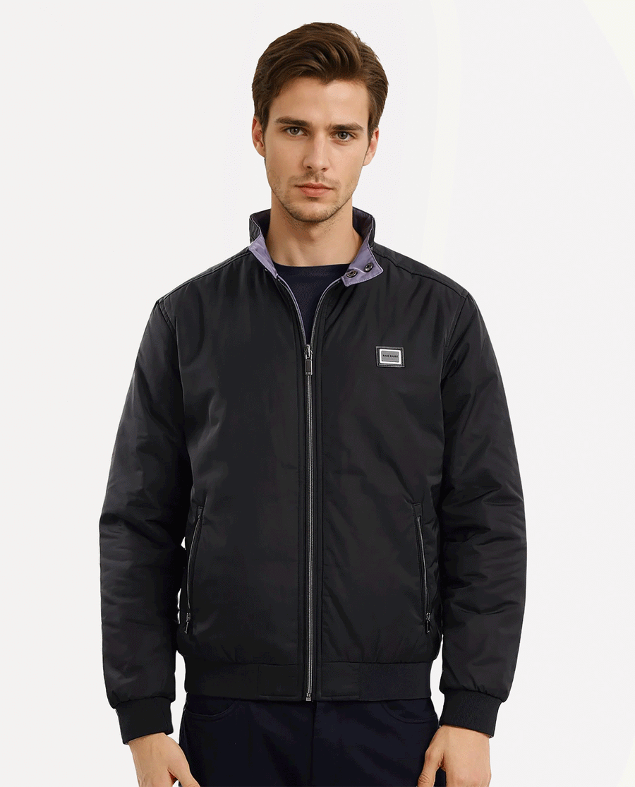 Rare Rabbit Men's Royban-2 Black Polyester Plain Regular Fit Full Sleeve High Neck Jacket