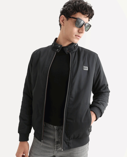 Rare Rabbit Men's Royban-25 Black Polyester Plain Regular Fit Full Sleeve High Neck Jacket