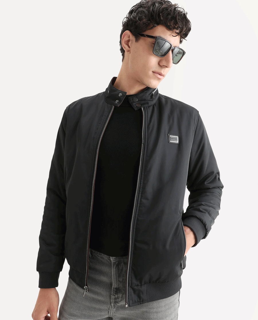 Rare Rabbit Men's Royban-25 Black Polyester Plain Regular Fit Full Sleeve High Neck Jacket