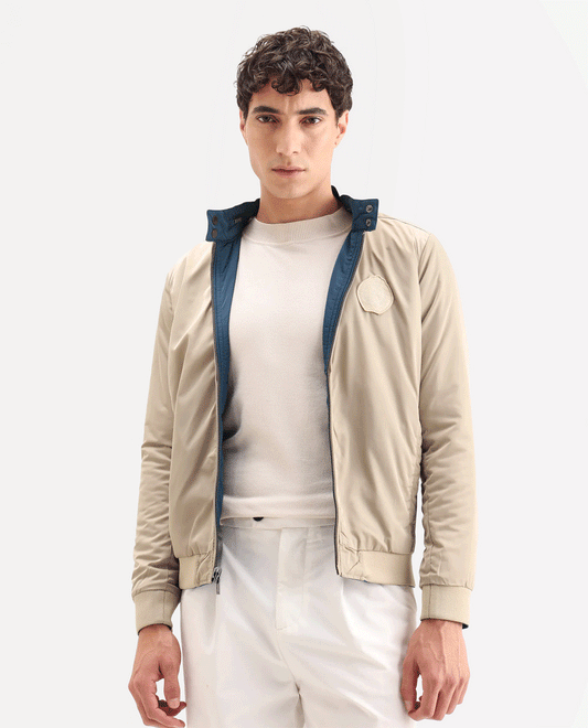 Rare Rabbit Men's Royban Beige Polyester Plain Regular Fit Full Sleeve Mandarin Collar Jacket