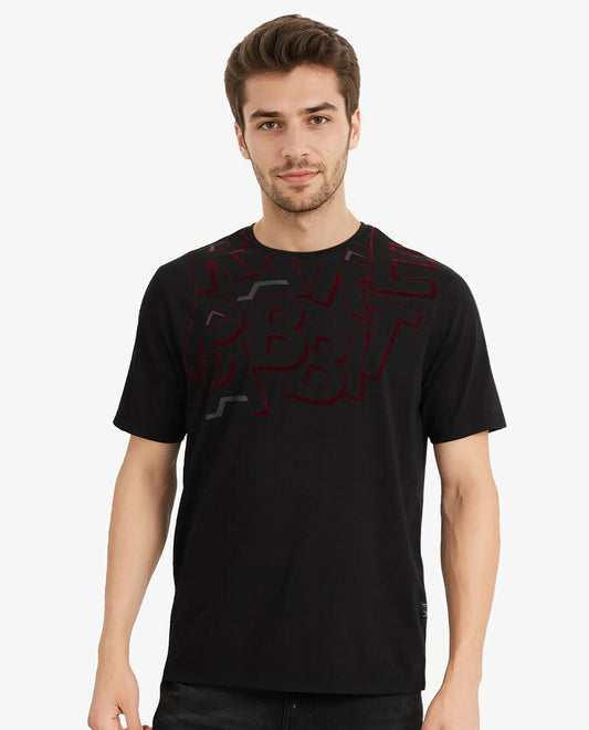 Rare Rabbit Men's Runi Black Cotton Blend Graphic Print Regular Fit Half Sleeve Crew Neck T-Shirt