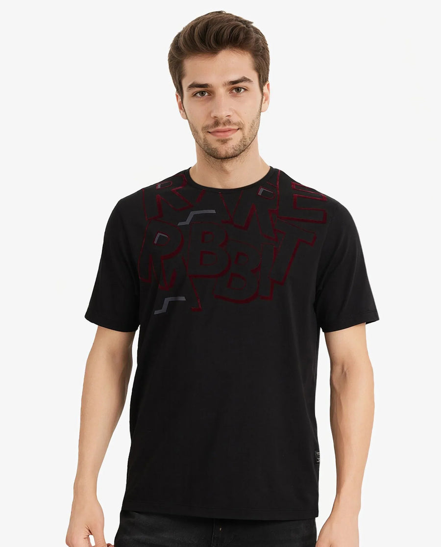 Rare Rabbit Men's Runi Black Cotton Blend Graphic Print Regular Fit Half Sleeve Crew Neck T-Shirt