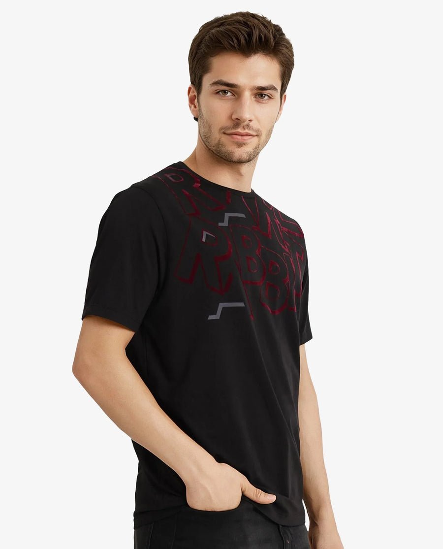 Rare Rabbit Men's Runi Black Cotton Blend Graphic Print Regular Fit Half Sleeve Crew Neck T-Shirt