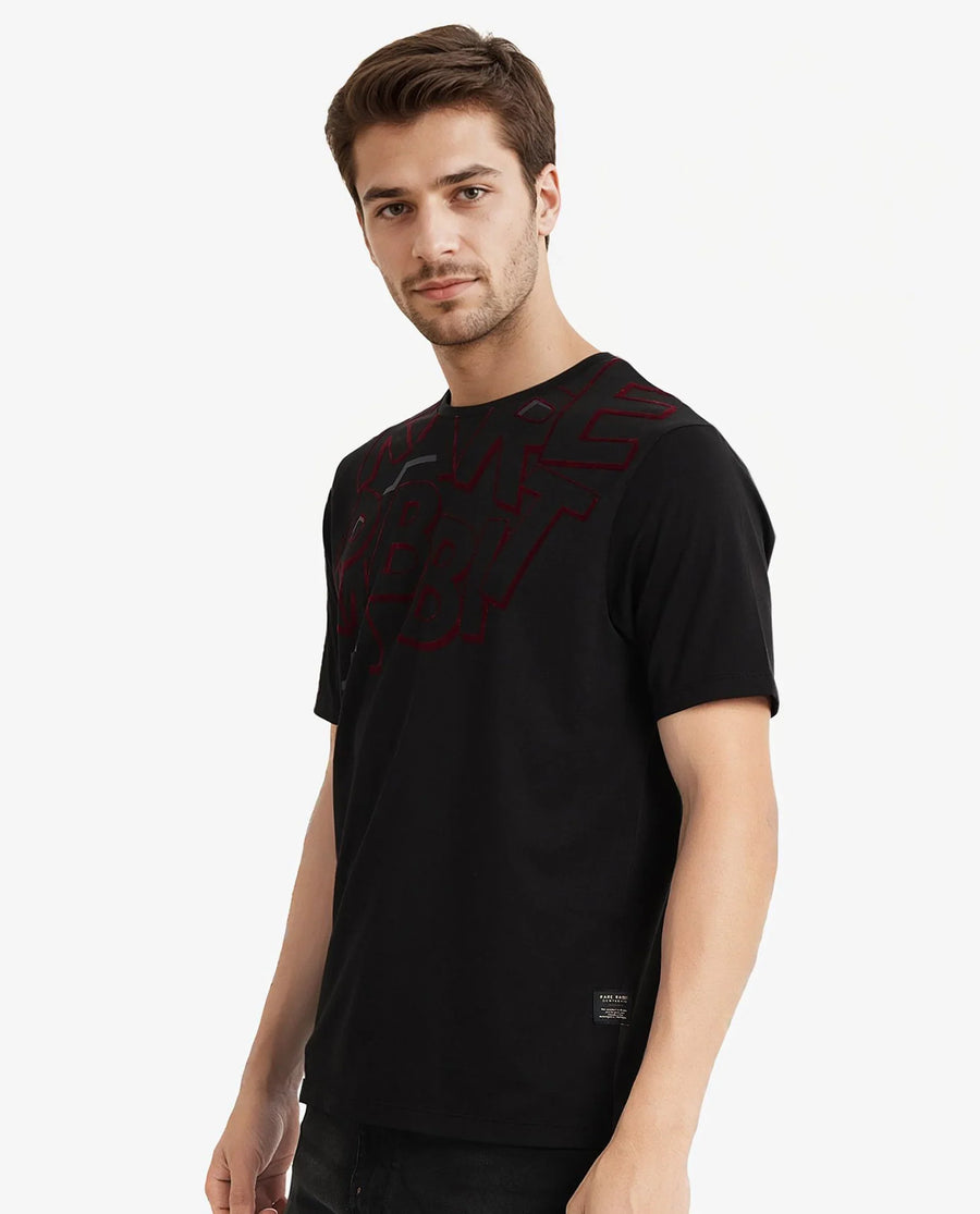 Rare Rabbit Men's Runi Black Cotton Blend Graphic Print Regular Fit Half Sleeve Crew Neck T-Shirt