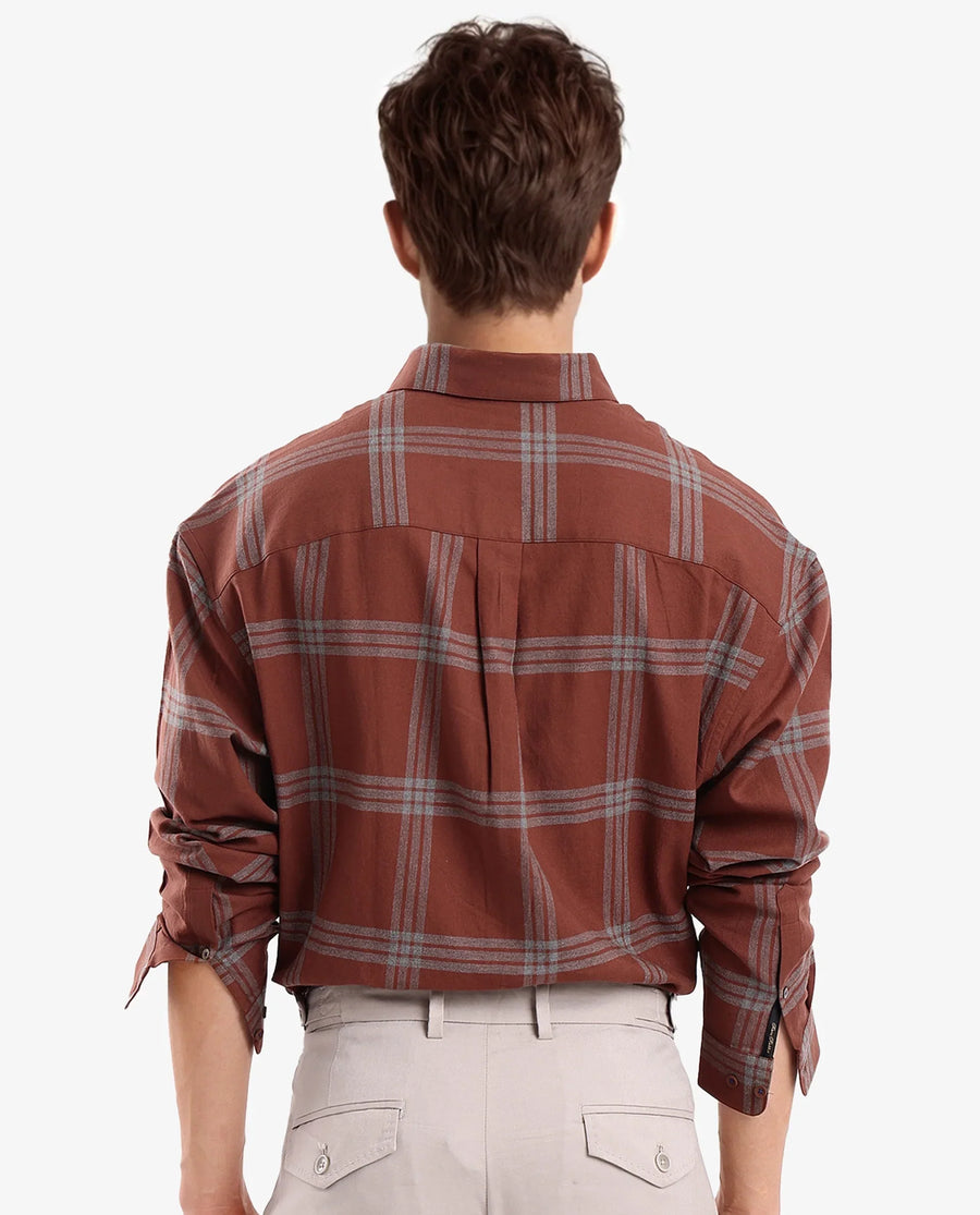 Rare Rabbit Men's Russ Brown Cotton Checked Print Regular Fit Full Sleeve Collared Shirt