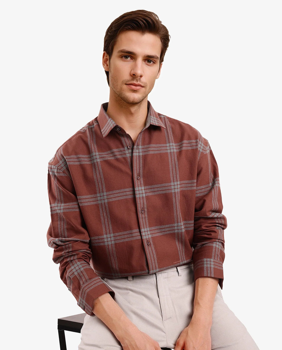 Rare Rabbit Men's Russ Brown Cotton Checked Print Regular Fit Full Sleeve Collared Shirt