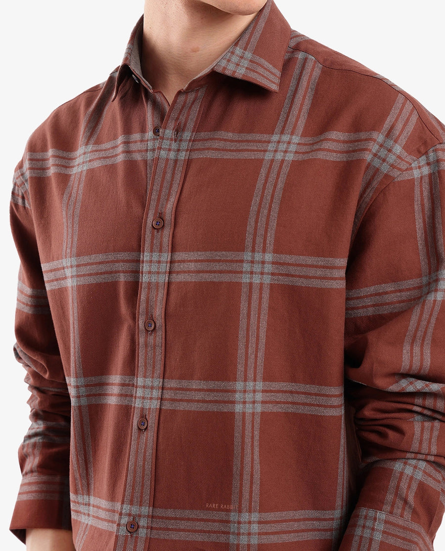 Rare Rabbit Men's Russ Brown Cotton Checked Print Regular Fit Full Sleeve Collared Shirt