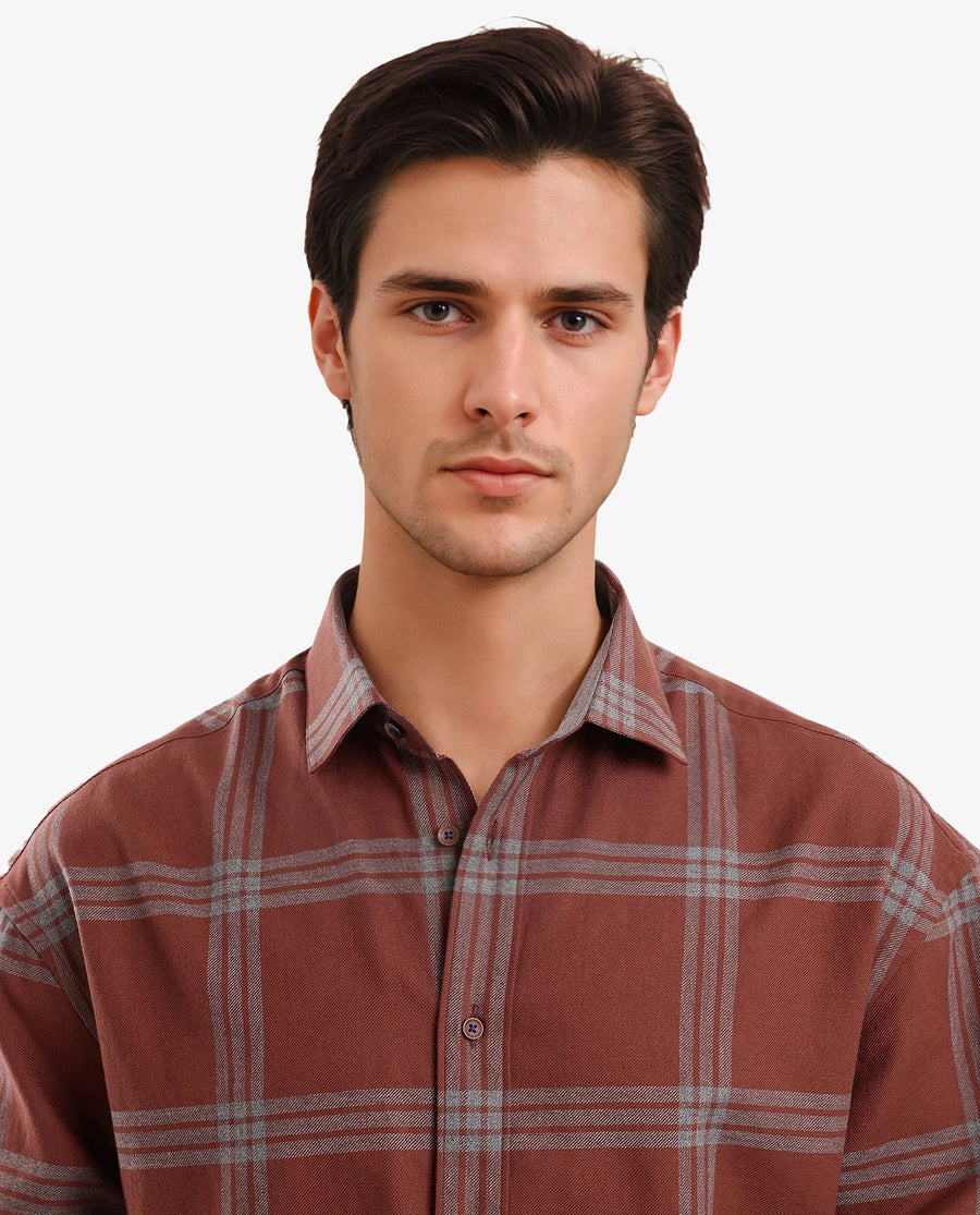 Rare Rabbit Men's Russ Brown Cotton Checked Print Regular Fit Full Sleeve Collared Shirt