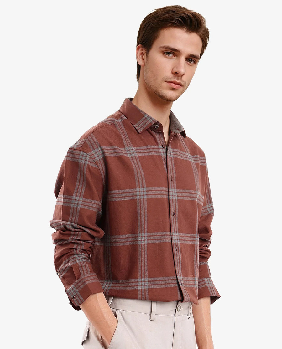 Rare Rabbit Men's Russ Brown Cotton Checked Print Regular Fit Full Sleeve Collared Shirt