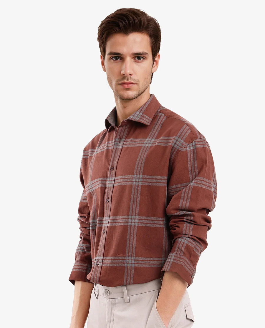 Rare Rabbit Men's Russ Brown Cotton Checked Print Regular Fit Full Sleeve Collared Shirt