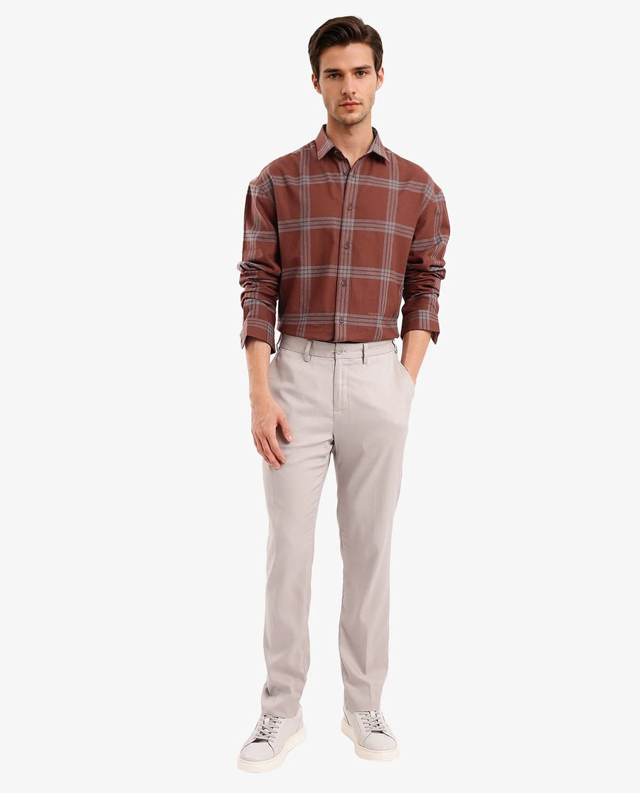 Rare Rabbit Men's Russ Brown Cotton Checked Print Regular Fit Full Sleeve Collared Shirt