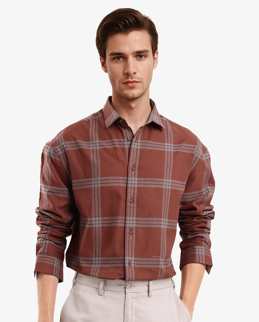 Rare Rabbit Men's Russ Brown Cotton Checked Print Regular Fit Full Sleeve Collared Shirt