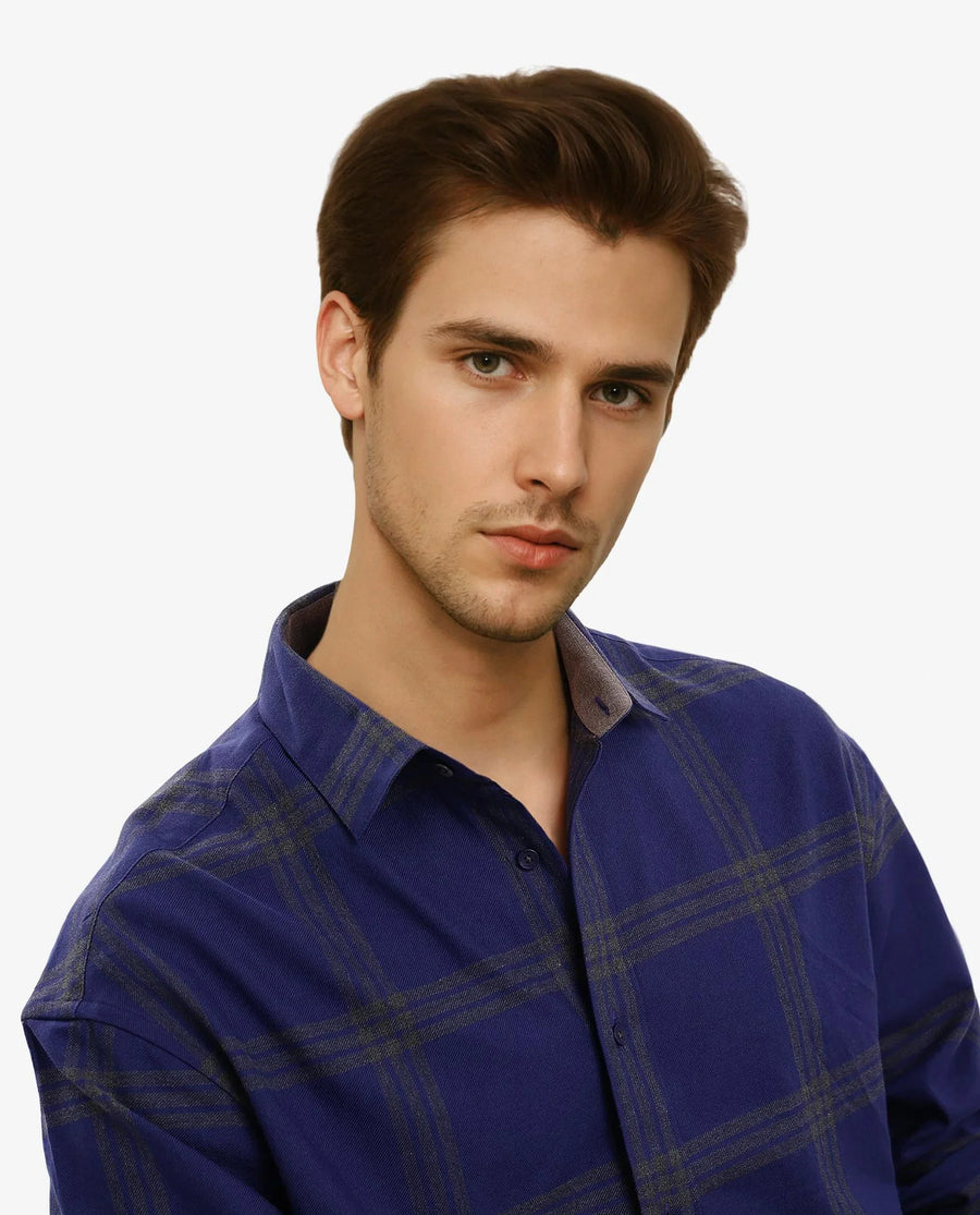Rare Rabbit Men's Russ Dark Cotton Checked Print Regular Fit Full Sleeve Collared Shirt