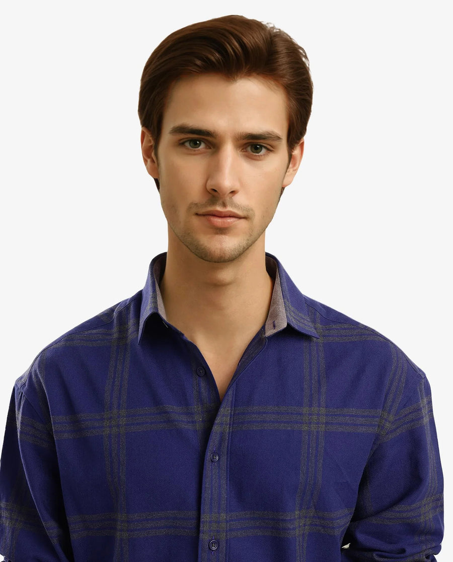 Rare Rabbit Men's Russ Dark Cotton Checked Print Regular Fit Full Sleeve Collared Shirt