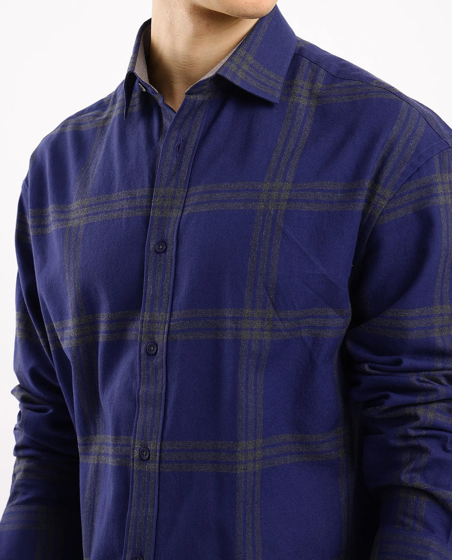 Rare Rabbit Men's Russ Dark Cotton Checked Print Regular Fit Full Sleeve Collared Shirt