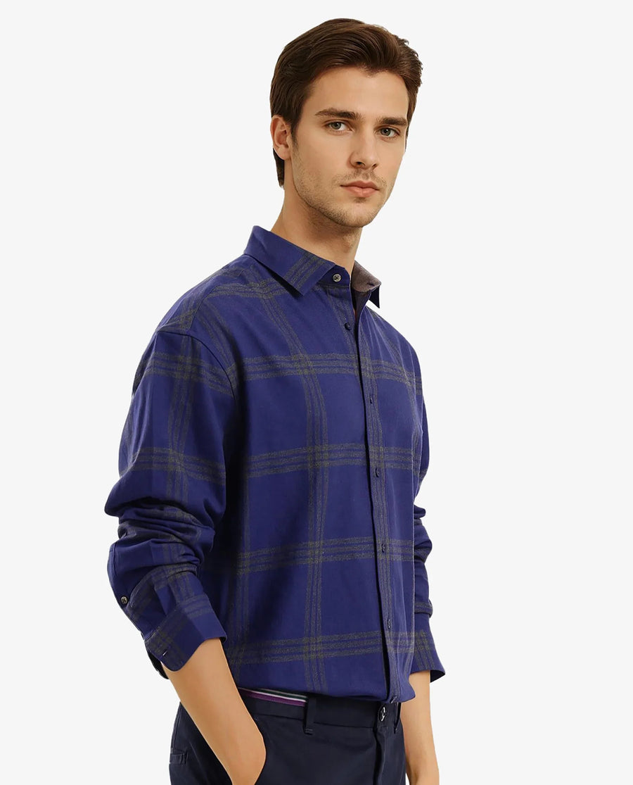 Rare Rabbit Men's Russ Dark Cotton Checked Print Regular Fit Full Sleeve Collared Shirt