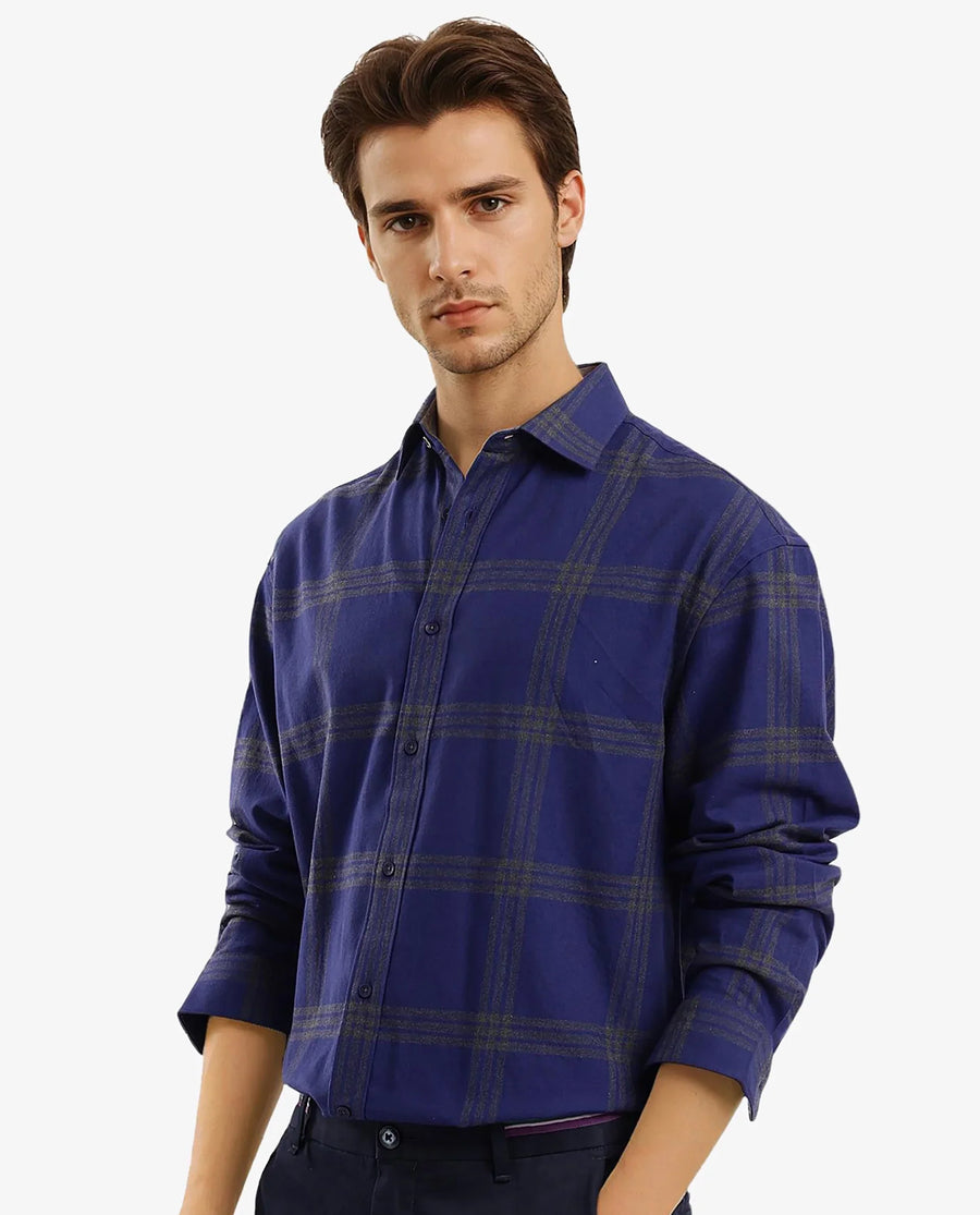 Rare Rabbit Men's Russ Dark Cotton Checked Print Regular Fit Full Sleeve Collared Shirt