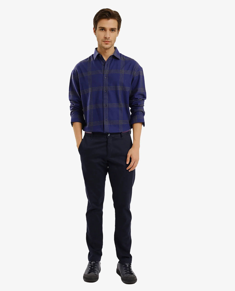 Rare Rabbit Men's Russ Dark Cotton Checked Print Regular Fit Full Sleeve Collared Shirt