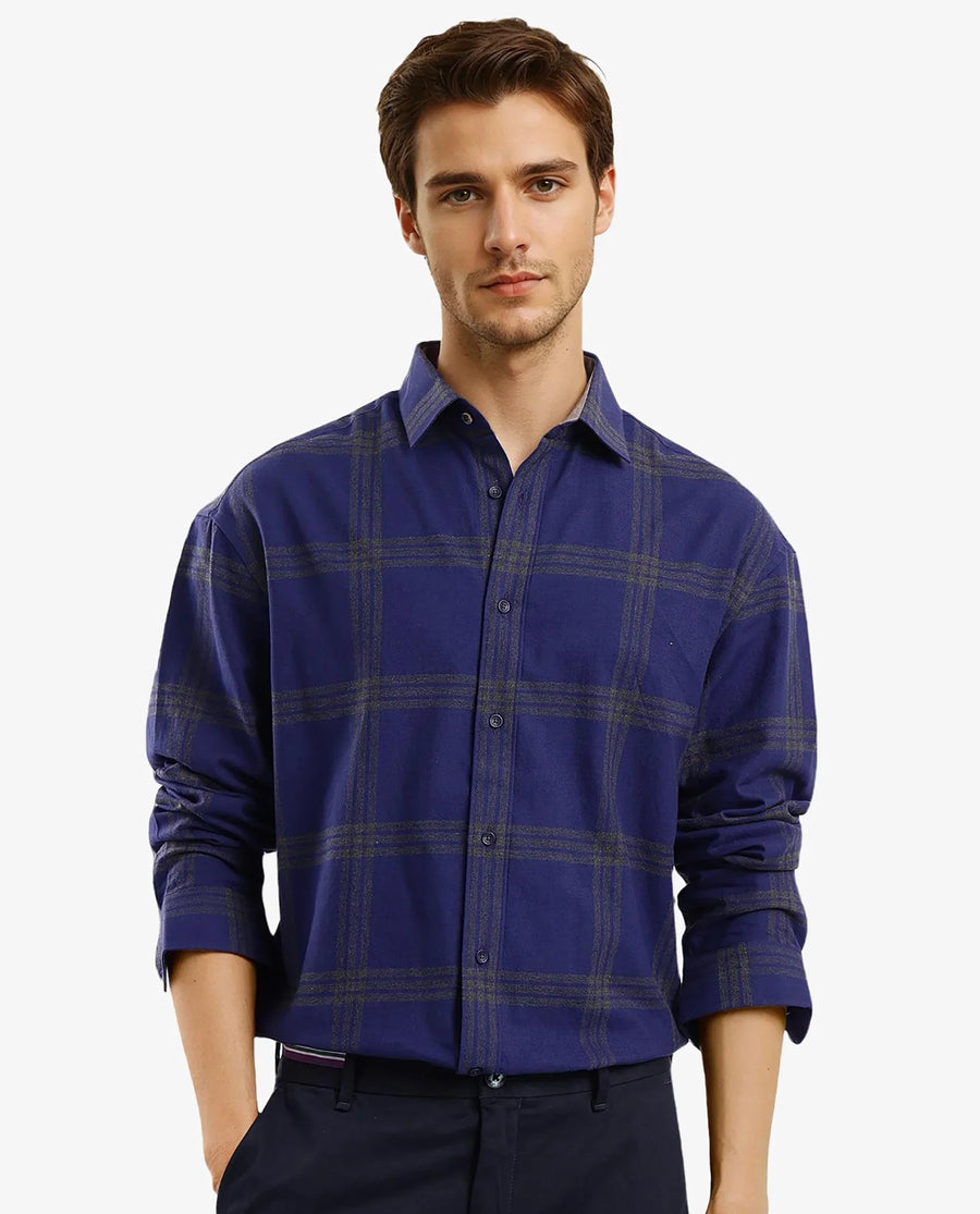 Rare Rabbit Men's Russ Dark Cotton Checked Print Regular Fit Full Sleeve Collared Shirt
