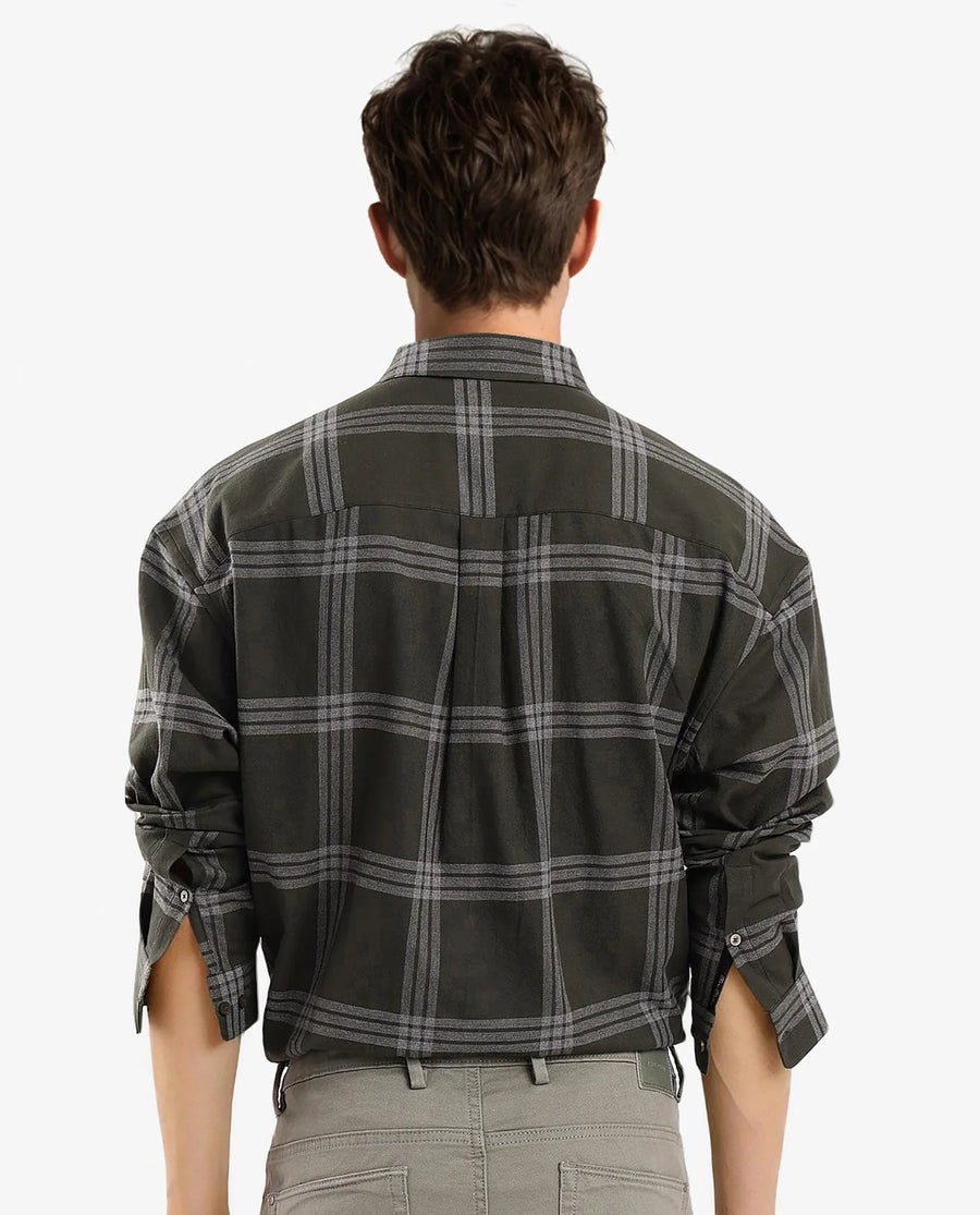Rare Rabbit Men's Russ Dark Green Cotton Checked Print Regular Fit Full Sleeve Collared Shirt