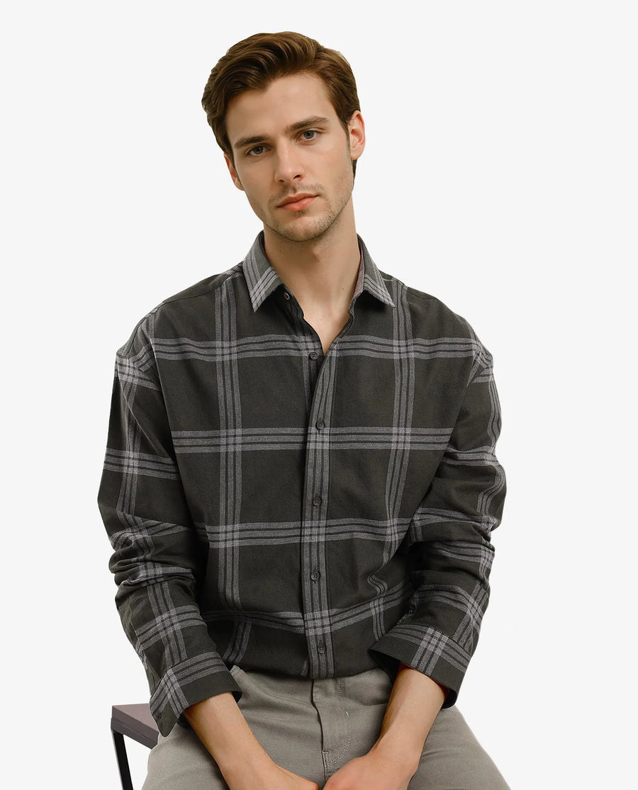 Rare Rabbit Men's Russ Dark Green Cotton Checked Print Regular Fit Full Sleeve Collared Shirt