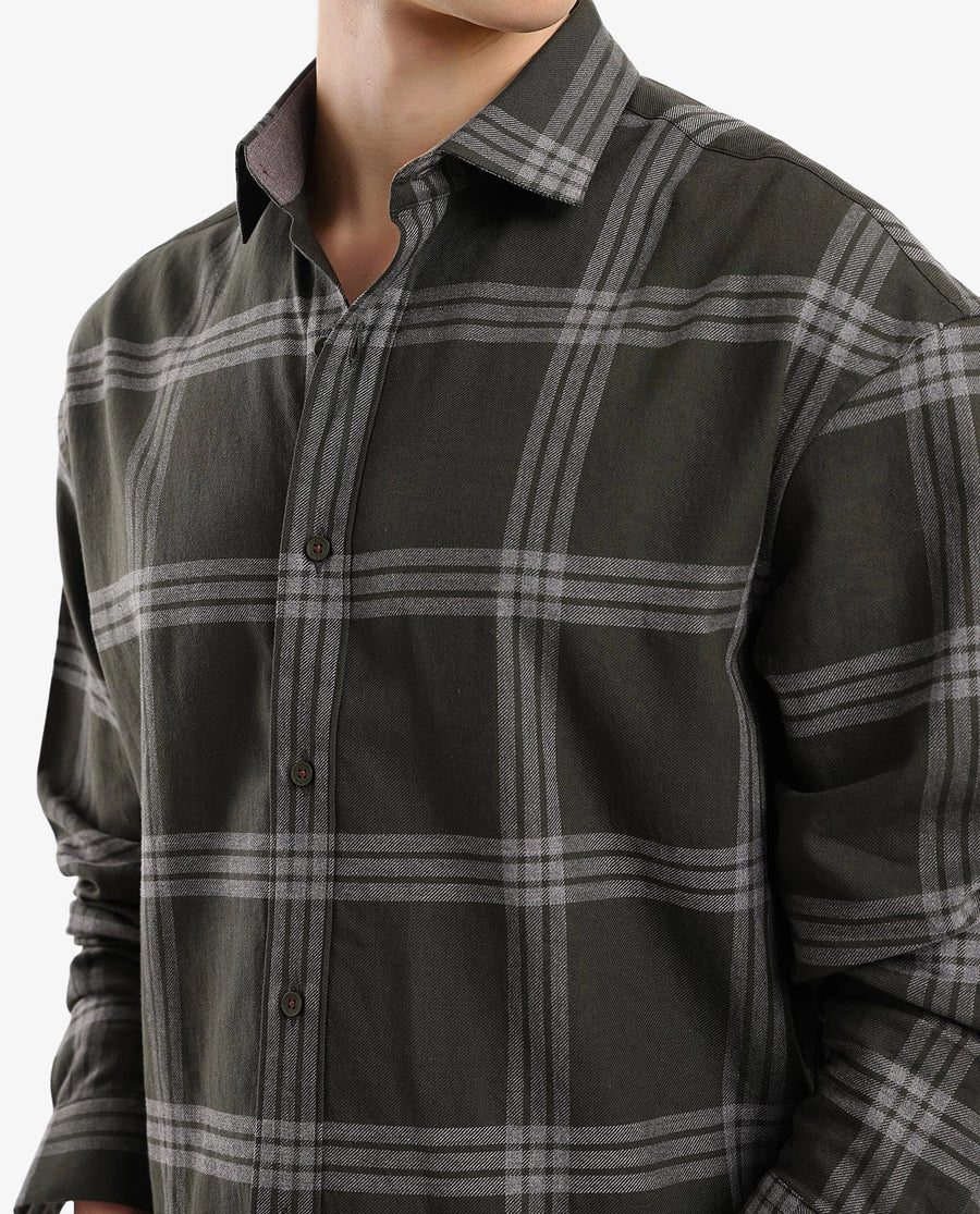 Rare Rabbit Men's Russ Dark Green Cotton Checked Print Regular Fit Full Sleeve Collared Shirt