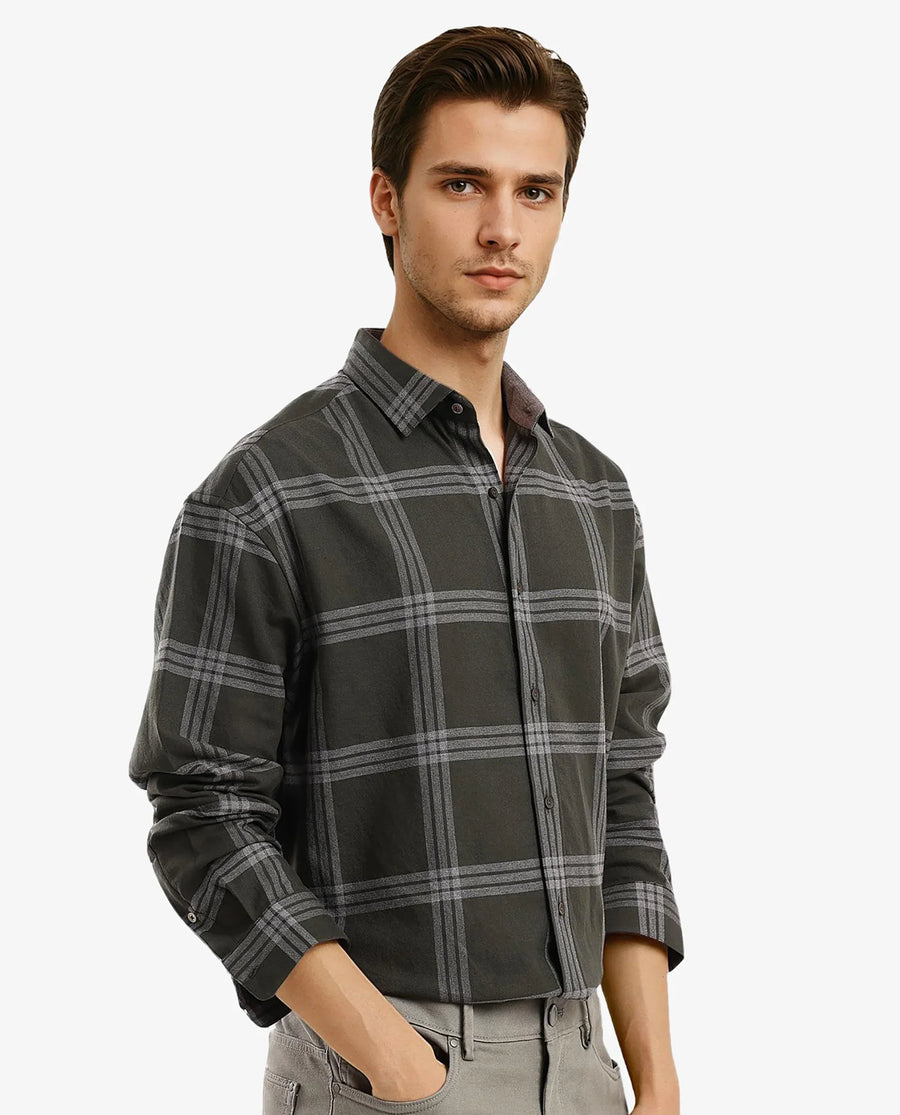 Rare Rabbit Men's Russ Dark Green Cotton Checked Print Regular Fit Full Sleeve Collared Shirt
